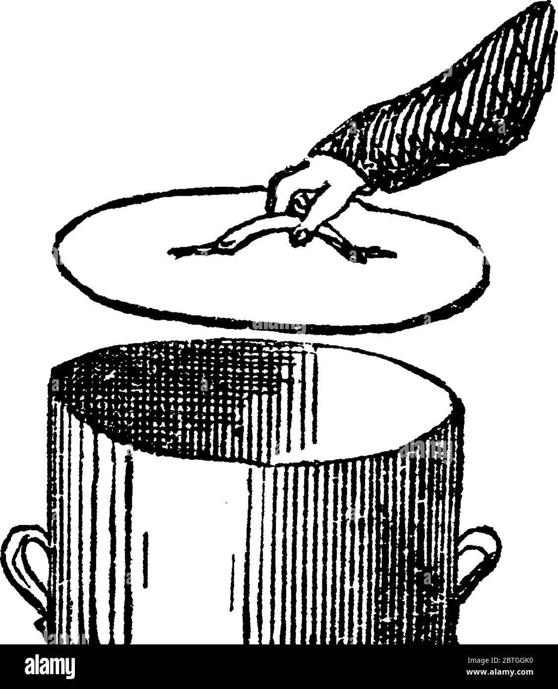 Das Bild zeigt eine Hand eines Mannes, die den Deckel oder die Abdeckung eines großen Gefäßes oder einer Schachtel schließen soll, die mit zwei Griffen an zwei Seiten zum einfachen Anheben versehen ist Stock Vektor