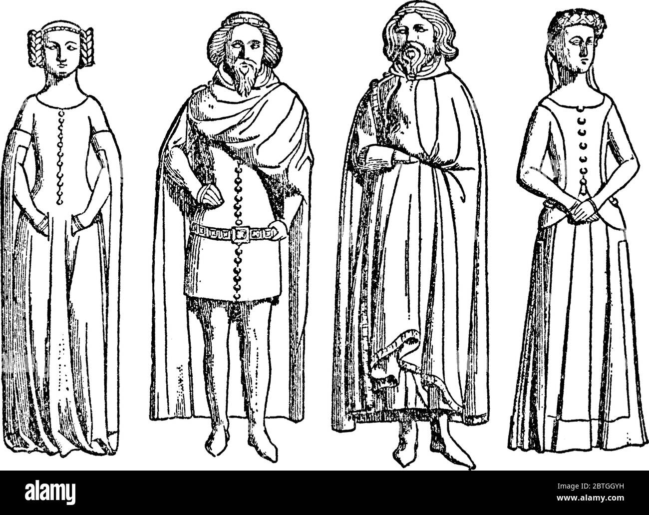 Eine Illustration von König Edward und seinen Kindern Eleanor, Edward, John und Joanna, Vintage-Strichzeichnung oder Gravur Illustration. Stock Vektor