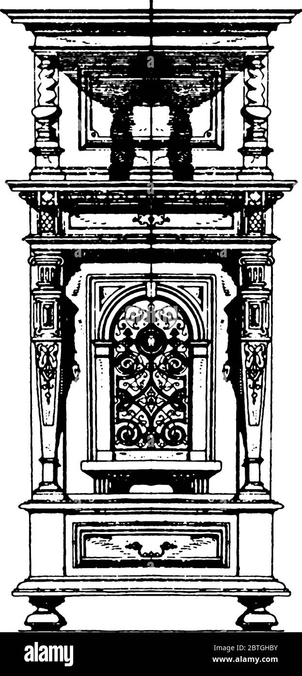 Moderne Schrank mit zwei Arten von Holz, Vintage-Linie Zeichnung oder Gravur Illustration gebaut. Stock Vektor