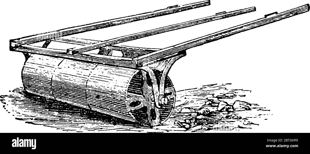Eine typische Darstellung einer Eisenwalze, eines landwirtschaftlichen Werkzeugs, das nach dem Pflügen für die Abflachung von Land und das Zerlegen großer Stücke von dir verwendet wird Stock Vektor