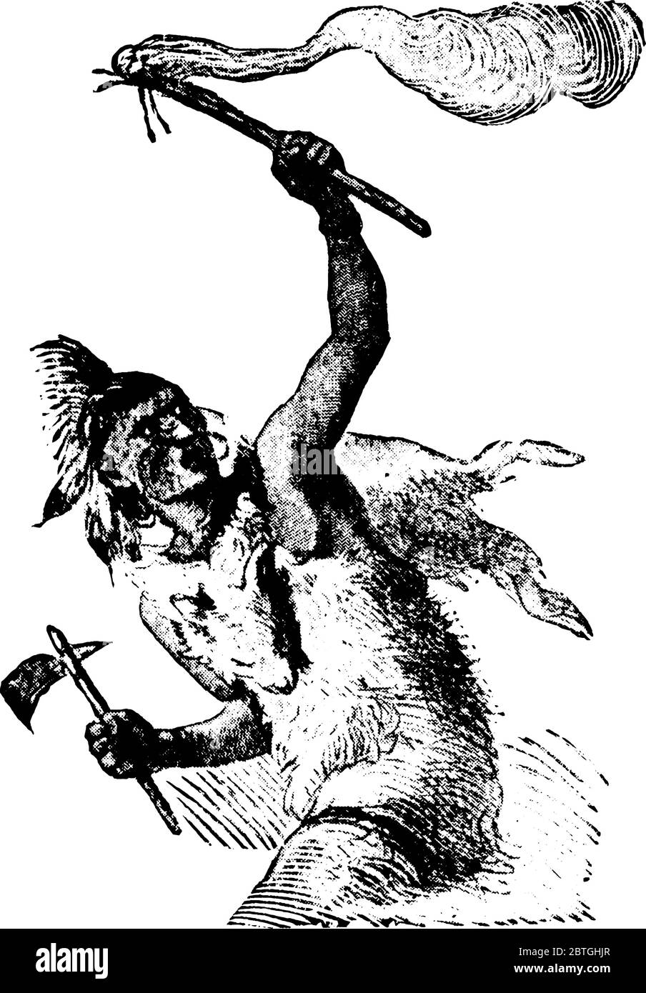 Diese Figur zeigt und indischen Mann hält eine Axt und eine helle Flamme des Feuers in den Händen in der Luft, während auf dem Kriegspfad bewegen, Vintage-Linie Zeichnung Stock Vektor