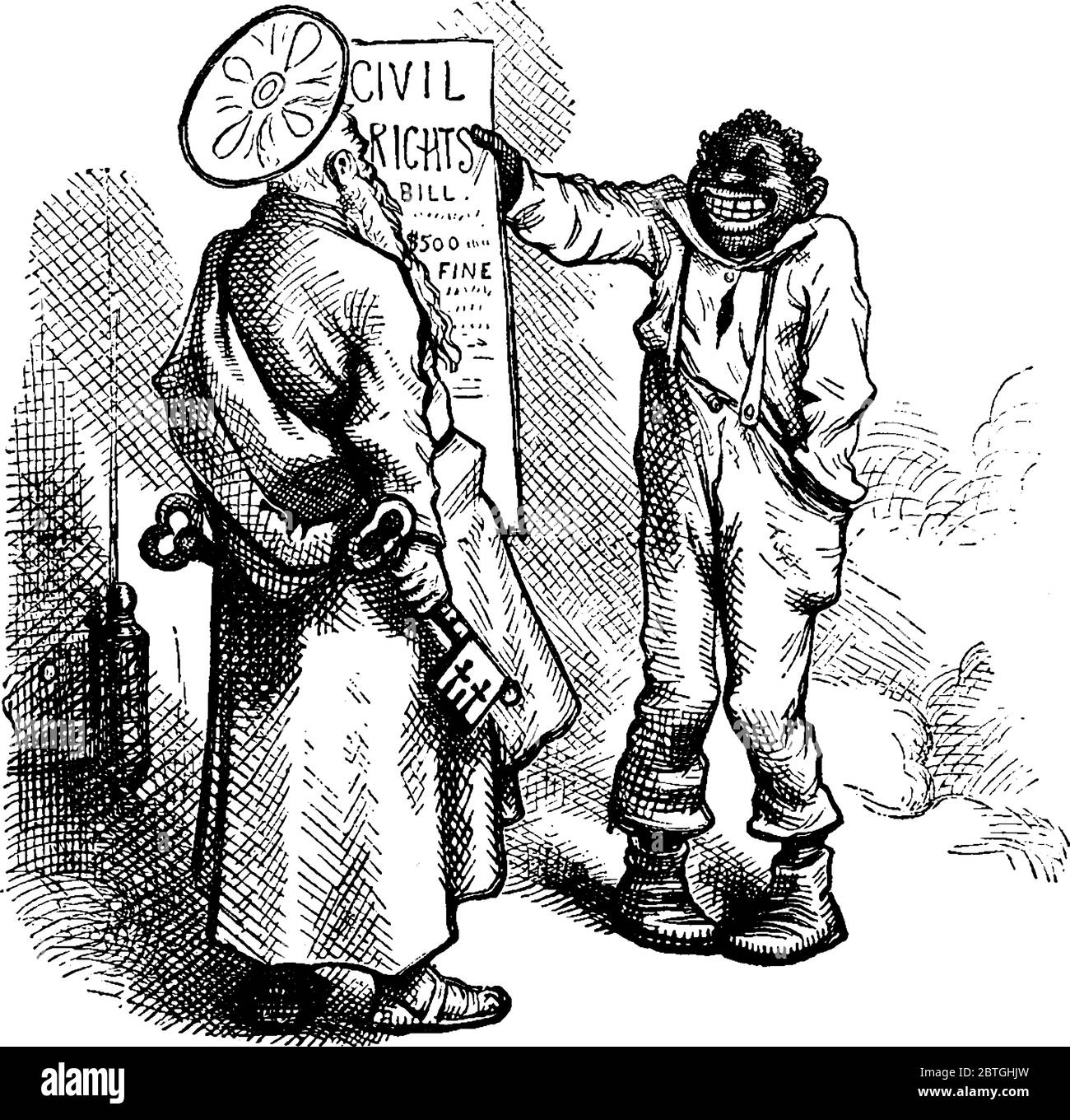 Karikatur von Black man zeigt Civil Rights Act 1875 zu einer alten Person mit großem Schlüssel, Vintage-Linie Zeichnung oder Gravur Illustration. Stock Vektor