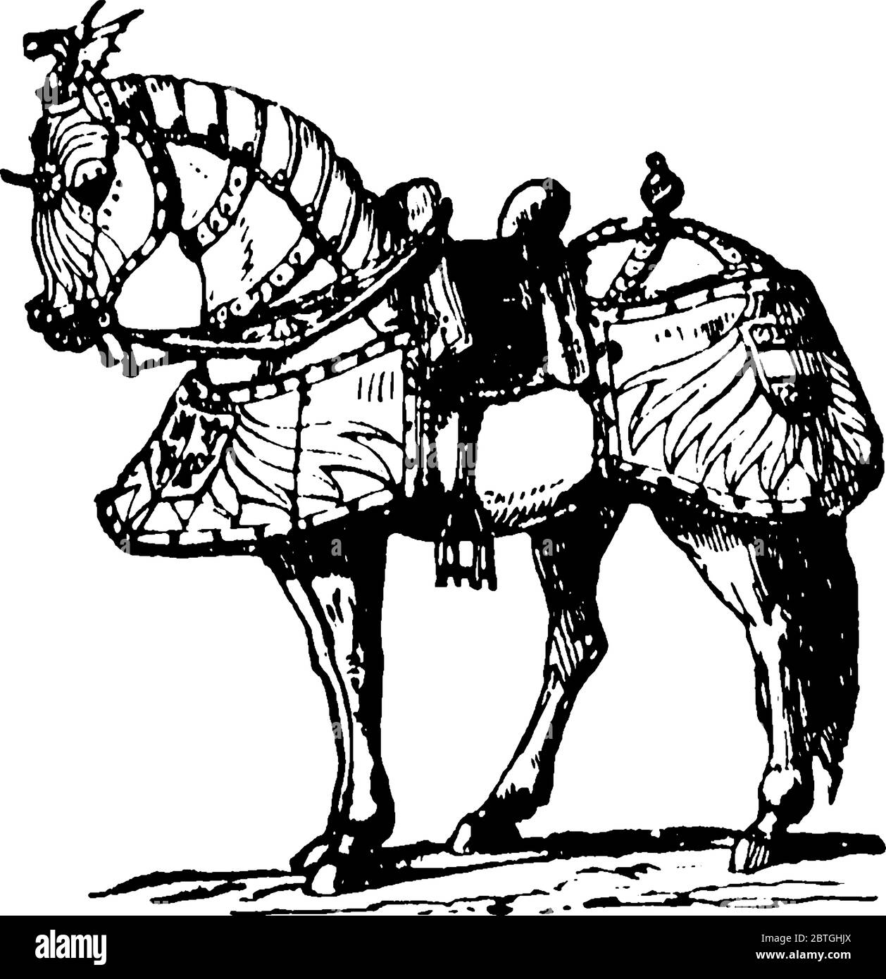 Ein Pferd, das eine Rüstung, Vintage-Strichzeichnung oder Gravur-Illustration trägt. Stock Vektor