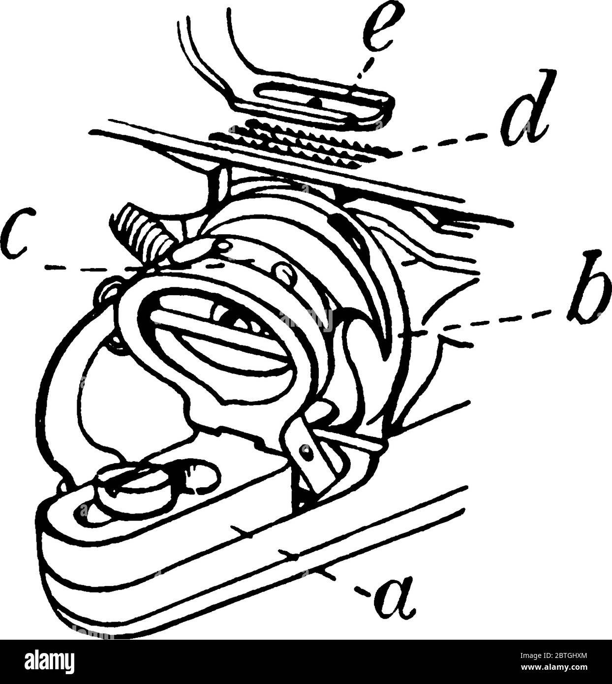 Die Teile, a ist der Spulenhalter, teilweise geöffnet, um Haken b zu zeigen, und Spulenkoffer c; d, Vorschubpunkte; und, e, Presserfuß, Vintage-Strichzeichnung oder engr Stock Vektor