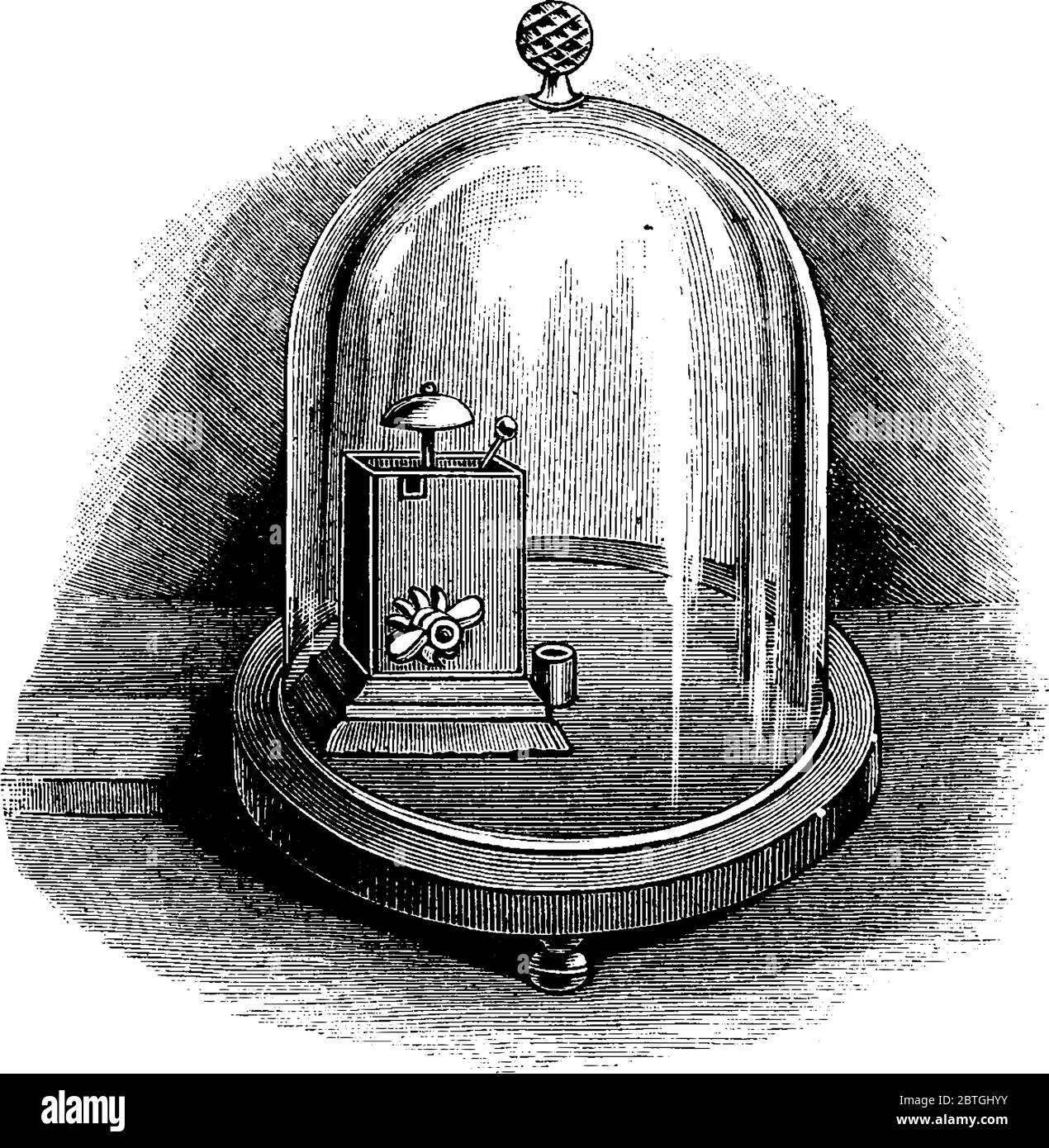 Schematische Darstellung eines frühen Alarms, der zu einem bestimmten Zeitpunkt einen Ton erzeugt, eine Vintage-Zeichnung oder eine Gravur. Stock Vektor