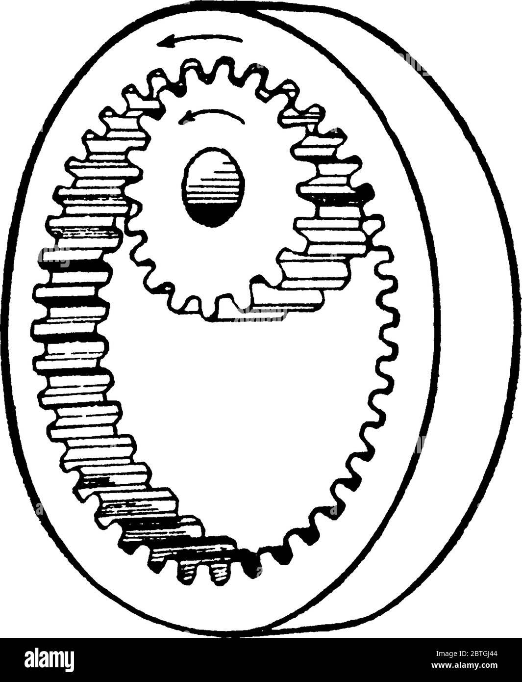 Beim Vernetzen von Zahnradpaaren wird das kleinere Zahnrad als Ritzel bezeichnet. Hier ist eine typische Darstellung eines Innenzahnrads und Ritzels, Verhältnis 41 dargestellt Stock Vektor