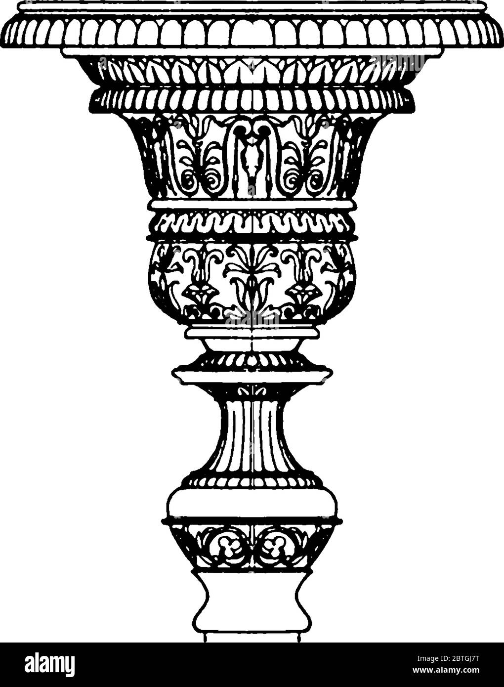 Die Antike Kerzenständer Kapital mit einem Teller oder Tasse wie Form auf der Oberseite, wo eine Lampe oder Kerze platziert werden kann, Vintage Strichzeichnung oder Gravur illus Stock Vektor