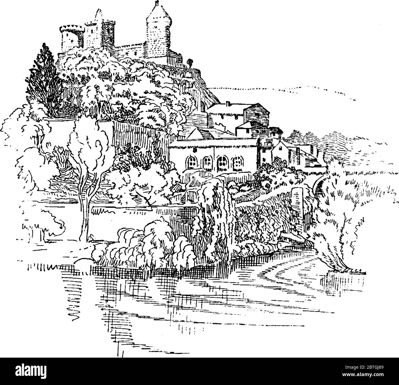 Schloss, das das Zentrum der Katharer, Stadt Foix, Frankreich, Vintage-Linie Zeichnung oder Gravur Illustration ist. Stock Vektor