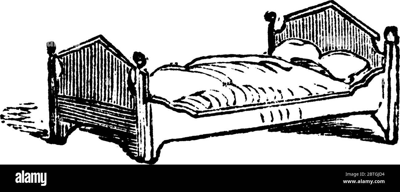 Ein Bett ist ein Möbelstück mit Kissen und Kissen, das als Schlafplatz genutzt wird., Vintage-Strichzeichnung oder Gravur Illustration. Stock Vektor