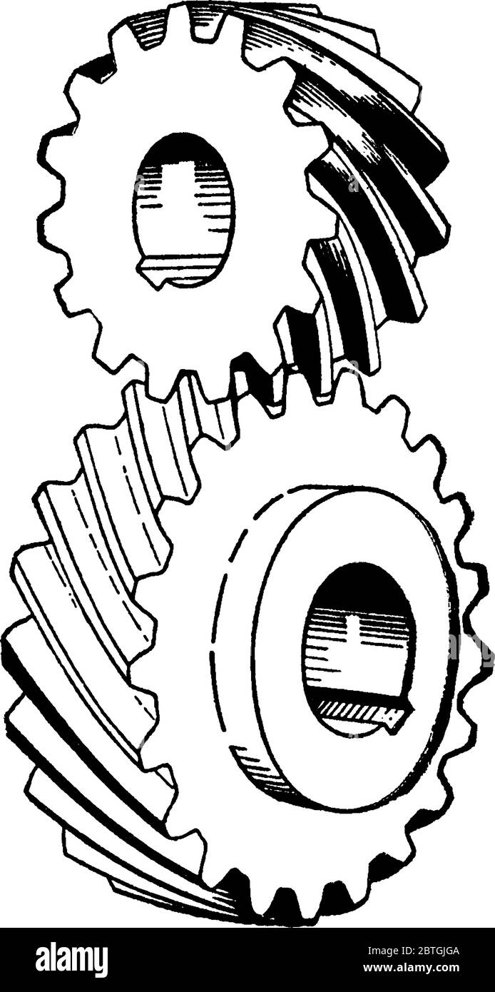 Beim Vernetzen von Zahnradpaaren wird das kleinere Zahnrad als Ritzel bezeichnet. Hier ist eine typische Darstellung eines Spiralzahnrads und Ritzels, Verhältnis 6.1 zu dargestellt Stock Vektor