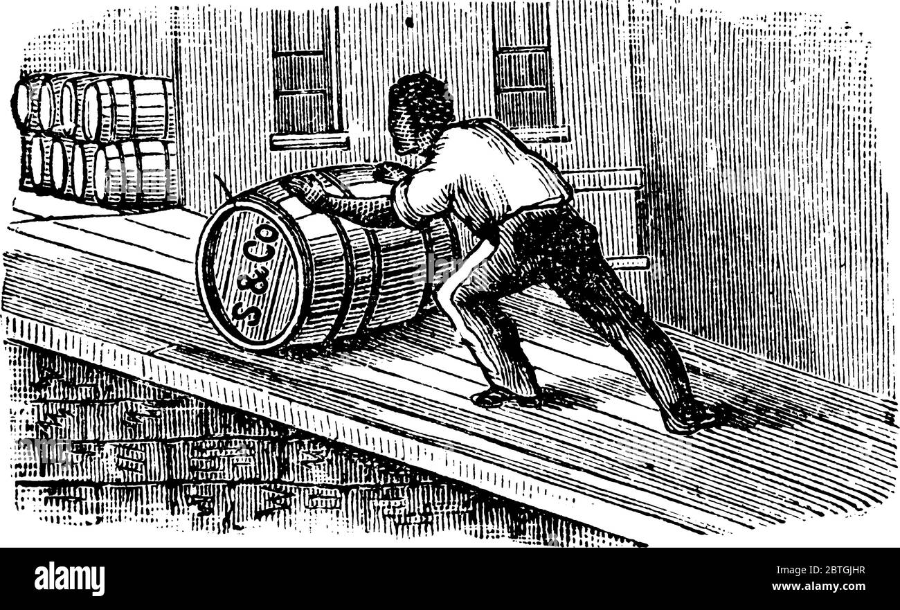 Ein Beispiel für eine Schrägebene, ein Mann, der versucht, eine Trommel in einer geneigten Ebene zu schieben und zu Rollen, Vintage-Strichzeichnung oder Gravur Illustration. Stock Vektor