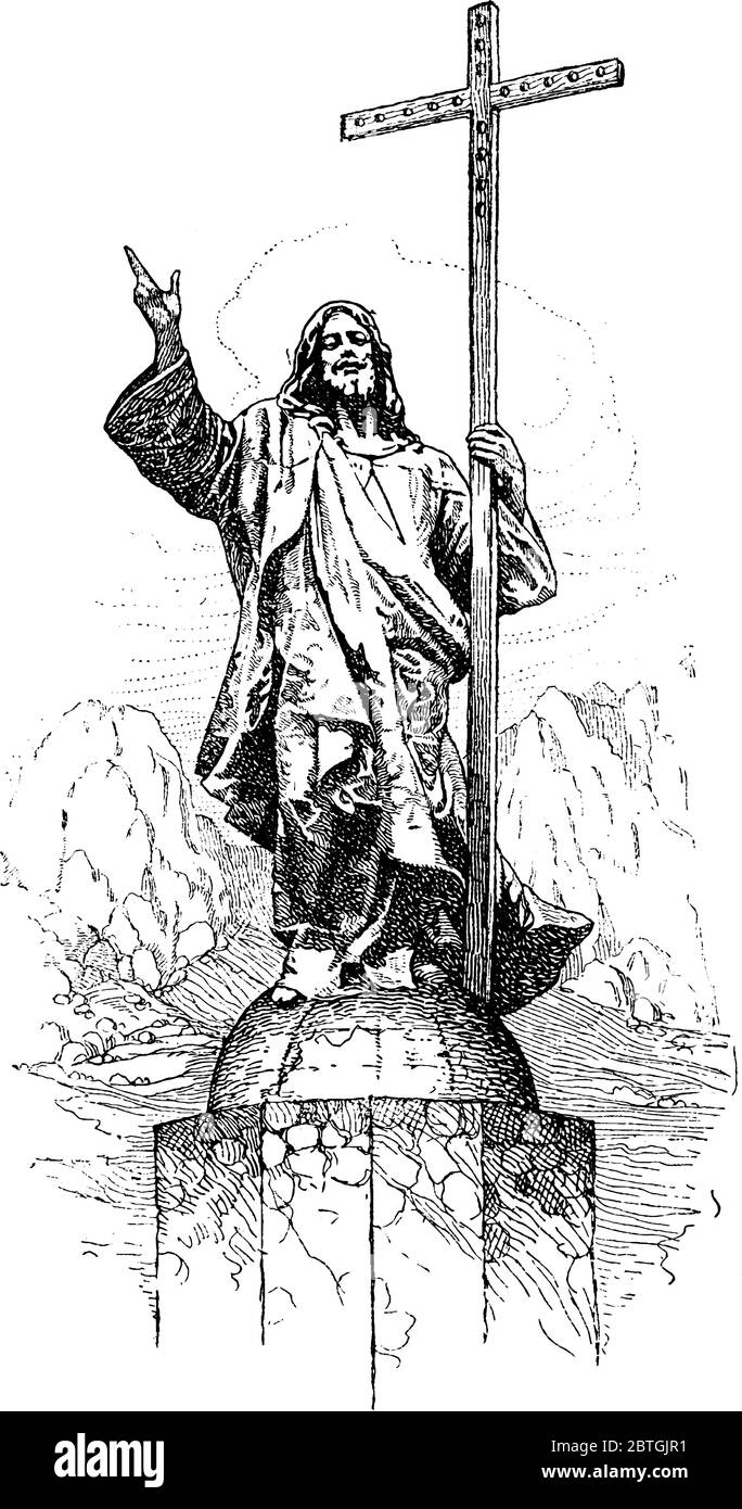 Monument of Christ steht für friedliche Auflösung an den Grenzen zwischen Argentinien und Chile, Vintage-Strichzeichnung oder Gravur Illustration. Stock Vektor Monument of Christ steht für friedliche Auflösung an den Grenzen zwischen Argentinien und Chile, Vintage-Strichzeichnung oder Gravur Illustration. Stock Vektor