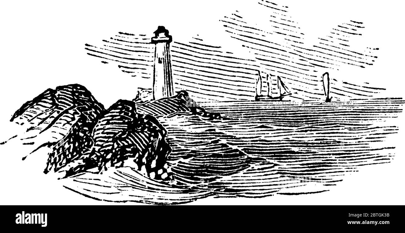 Leuchtturm ist ein hohes Baudesign, um Licht auszustrahlen und als Navigationshilfe für Piloten auf See dienen., Vintage-Linie Zeichnung oder Gravur Illustration. Stock Vektor