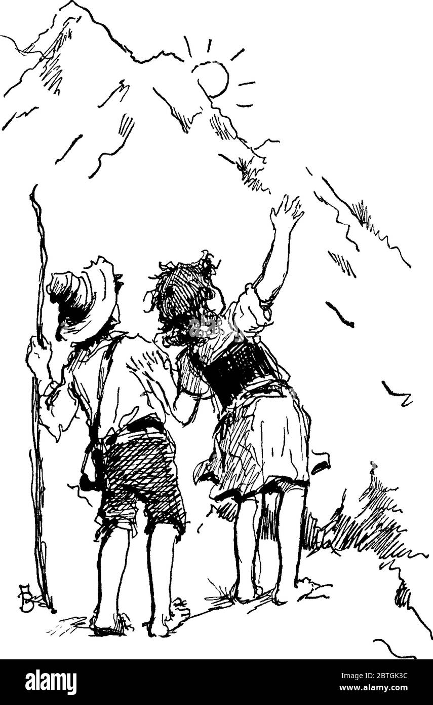 Das Bild zeigt einen Berggipfel, mit zwei kleinen Kindern, einem Cowboy und einem Mädchen, die Hand winken, an seiner Basis stehen, Vintage-Zeichnung oder eine Abbezeichung Stock Vektor