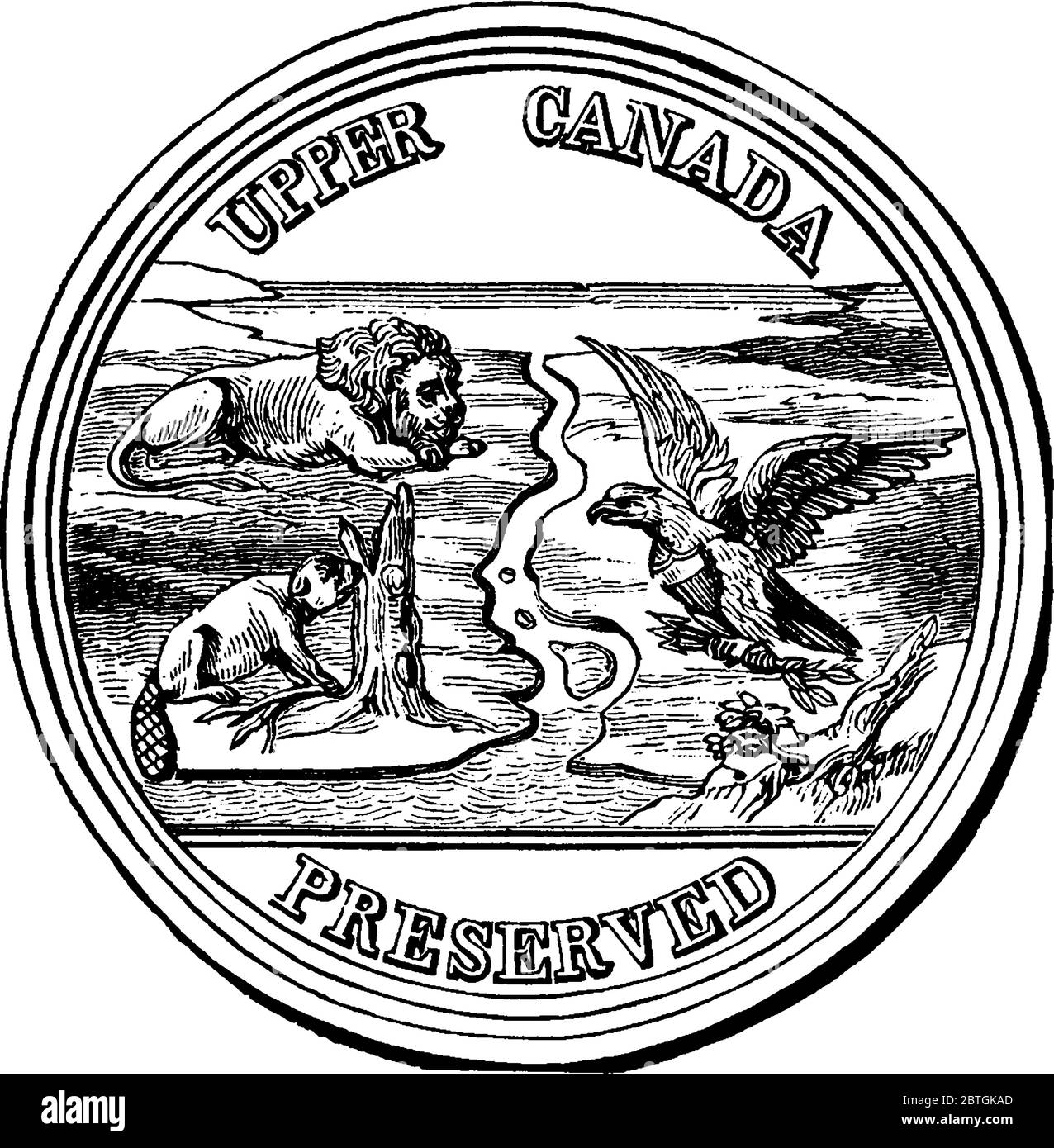 Die Vorderseite der Medaille der Dankbarkeit geprägt, um den Vertrag von Gent Ende des Krieges von 1812, Vintage-Linie Zeichnung oder Gravur illustratio Stock Vektor