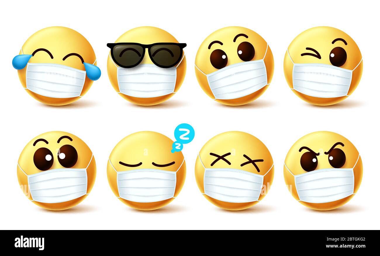 Smiley Emoji Facemask Vektor gesetzt. Smiley Emoji mit Covid-19 Gesichtsmaske und Augenausdrücke, um 2019-ncov Coronavirus-Infektion zu verhindern. Stock Vektor