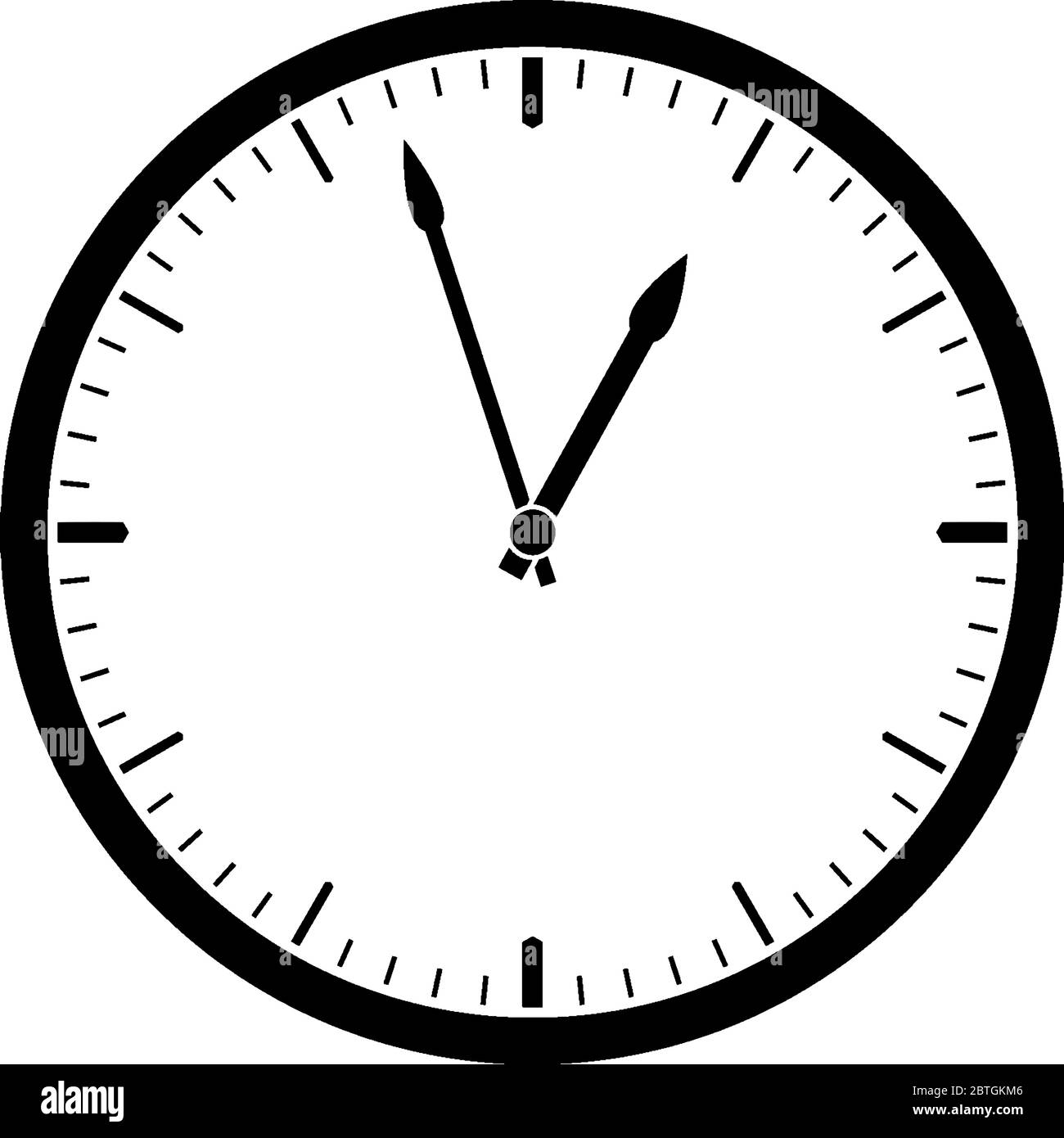 Eine 12-Stunden-Wanduhr mit Stunden- und Minutenzeiger, die die Zeit 12:57 anzeigt, Vintage-Strichzeichnung oder Gravur-Illustration. Stock Vektor