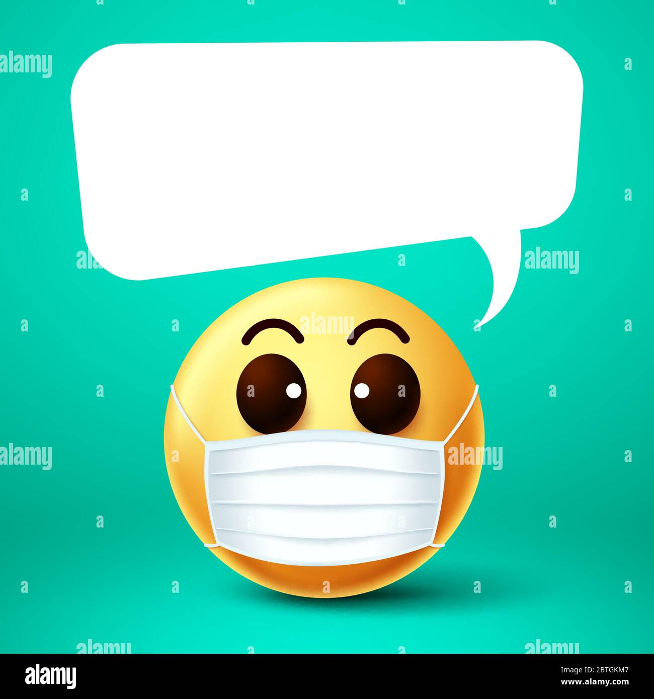 Emoji Smiley Gesichtsmaske Vektor-Vorlage. Emoji Smiley trägt Gesichtsmaske mit leeren weißen Sprechblase während des Sprechens für Covid-19 Coronavirus Ausbruch. Stock Vektor