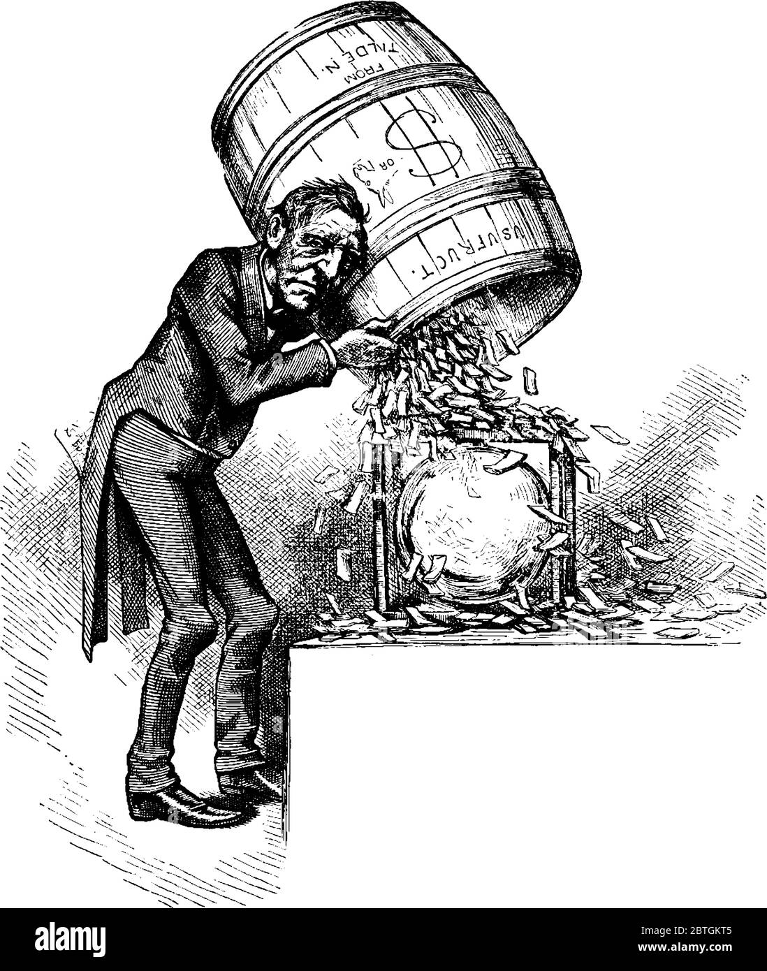 Cartoon von Onkel Sam Leeren Barrel voller Geld auf Wahlurne während der Wahltage, Vintage-Linie Zeichnung oder Gravur Illustration. Stock Vektor