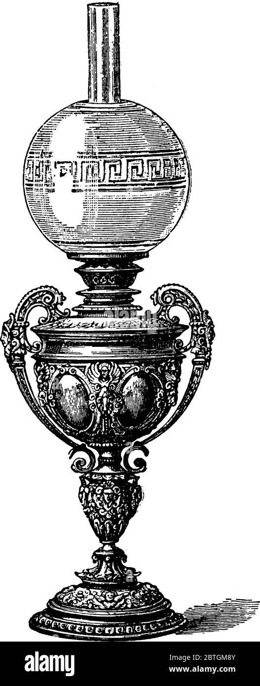 Eine typische Darstellung einer deutschen Bronze-Lampe, montiert auf einem Sockel graviert, Vintage-Strichzeichnung oder Gravur Illustration. Stock Vektor