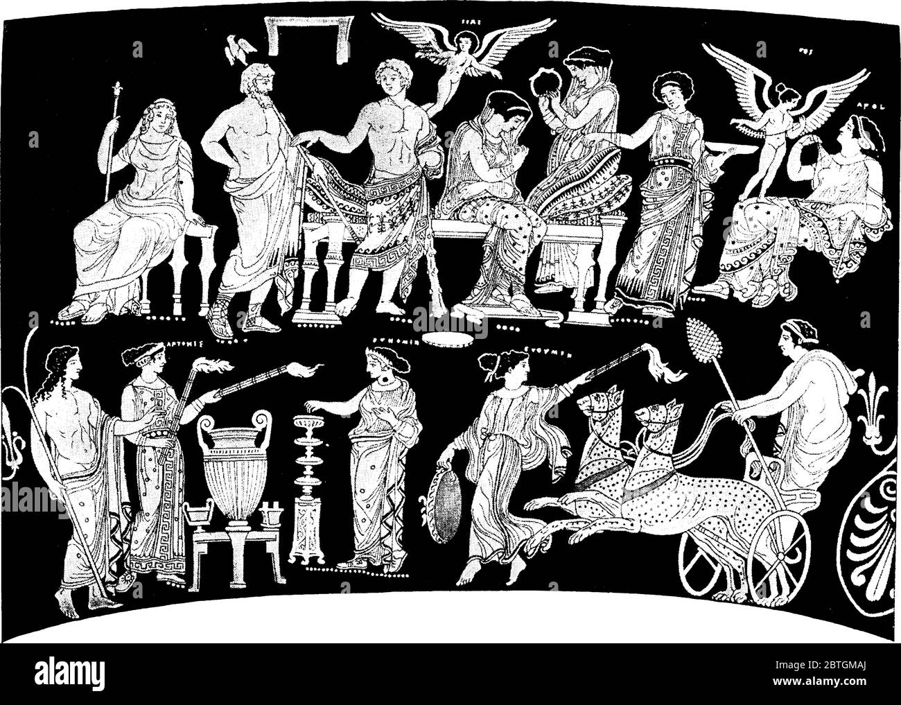Herkules war der Sohn des Zeus (römisches Äquivalent Jupiter) und der sterblichen Alcmene, in der griechischen Mythologie. Das Bild zeigt die Hochzeit von Herkules und H Stock Vektor