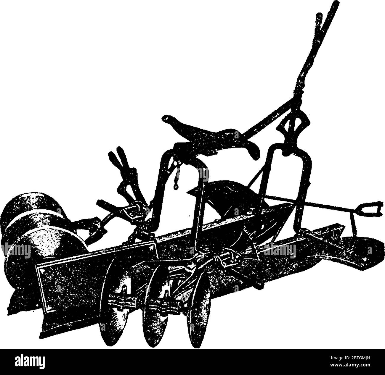 Go Devil Mais Grubber hat zwei Reihe von Scheibenklingen in abgelenkten Positionen, Vintage-Linie Zeichnung oder Gravur Illustration. Stock Vektor