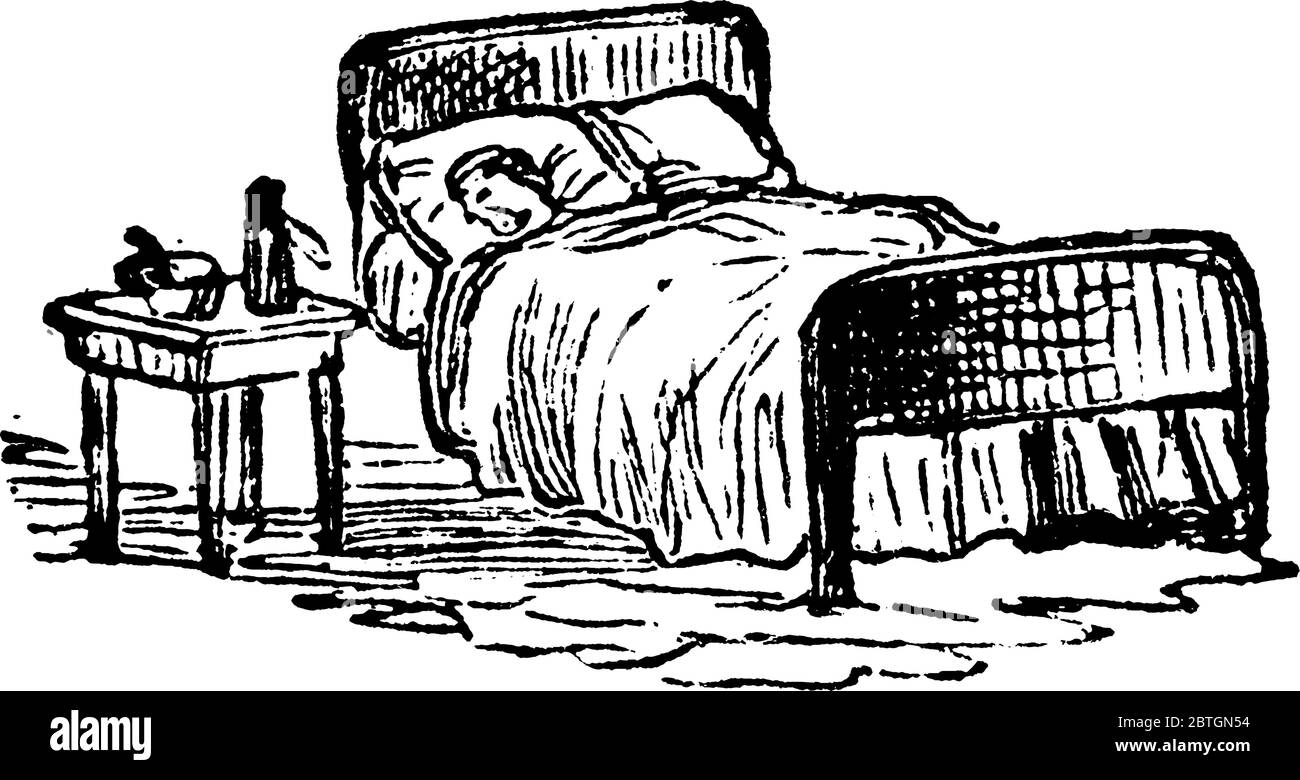 Ein Bett ist ein Möbelstück mit Kissen und Kissen, das als Schlafplatz genutzt wird., Vintage-Strichzeichnung oder Gravur Illustration. Stock Vektor