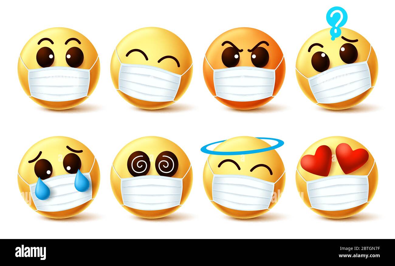 Emoji Smiley mit Covid-19 Gesichtsmaske Vektor gesetzt. Emoji Smiley mit Gesichtsausdrücke trägt Facemask Covid-19 Coronavirus-Infektion zu verhindern. Stock Vektor