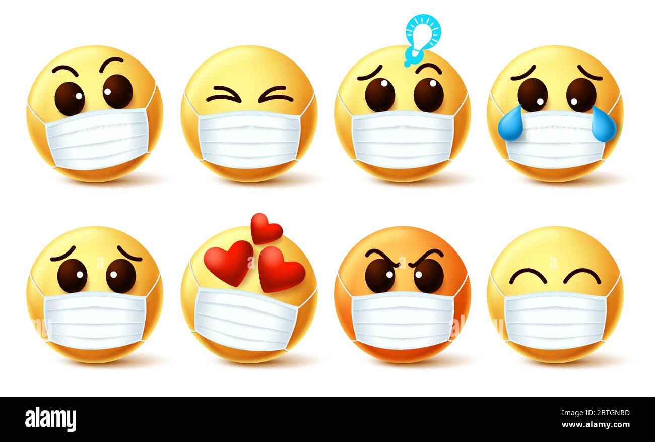 Smileys Emoticon trägt Gesichtsmaske Vektor-Set. Smiley Emoji trägt Gesichtsmaske mit Gesichtsemotionen zur Prävention von Covid-19 Coronavirus viral Stock Vektor