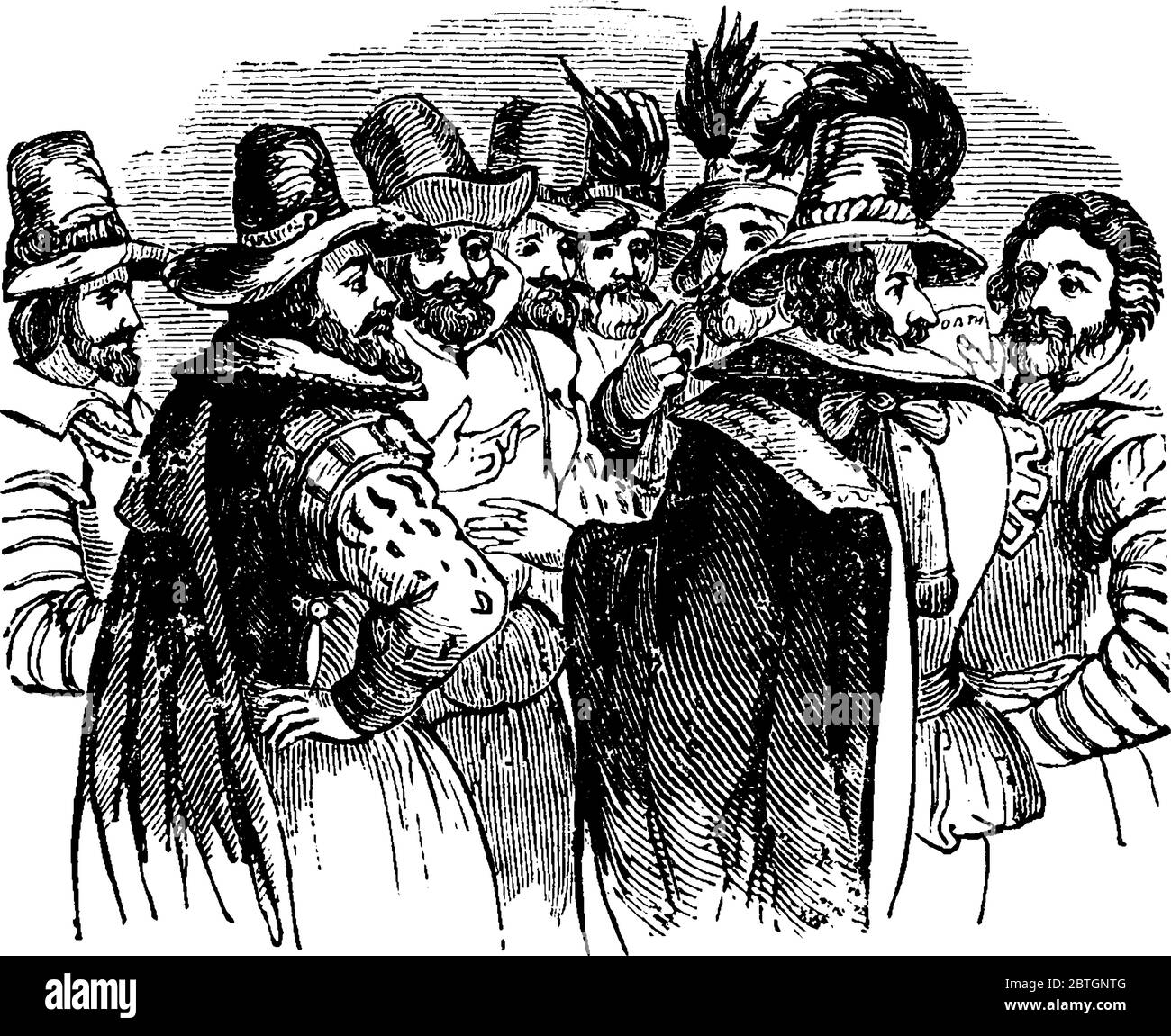 Guy Fawkes mit seinen Mitarbeitern, Vintage-Strichzeichnung oder Gravur Illustration. Stock Vektor