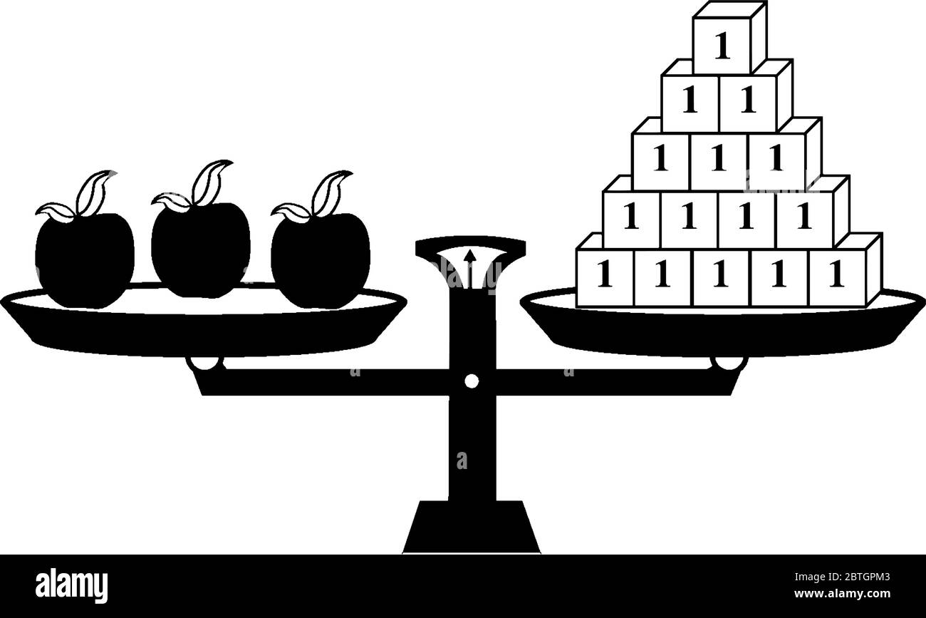 Eine Balance-Ausrüstung mit drei Äpfeln Platzierung auf der linken Seite und 15 Blöcke Platzierung auf der rechten Seite, Vintage-Linie Zeichnung oder Gravur illustrati Stock Vektor