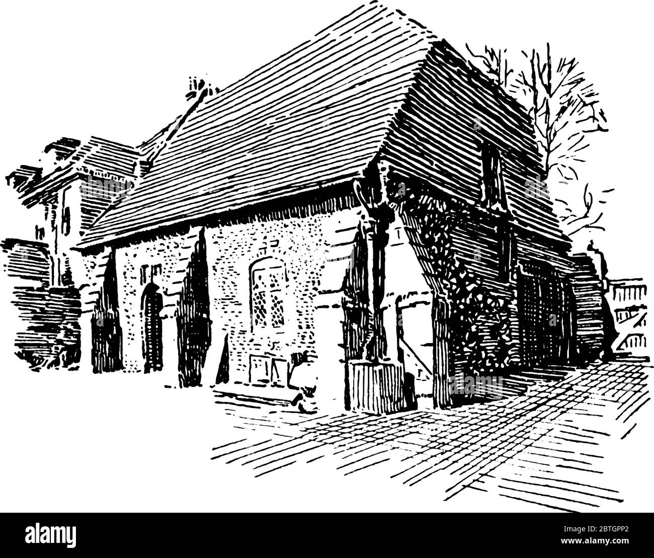 Guesten Hall, Winchester, wo Pilger auf dem Weg nach Canterbury untergebracht waren, Vintage-Strichzeichnung oder Gravur Illustration. Stock Vektor