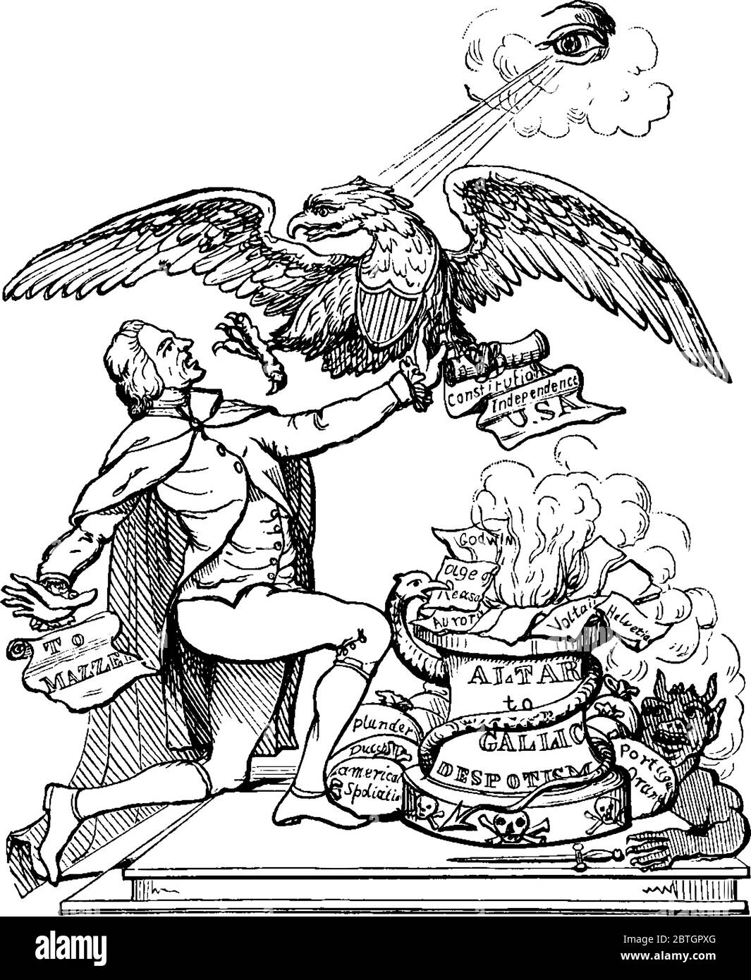Thomas Jefferson kniete an einem Altar nieder und ein Adler versuchte ihn davon abzuhalten, die Verfassung, Vintage-Strichzeichnung oder Gravur von Illustra zu zerstören Stock Vektor
