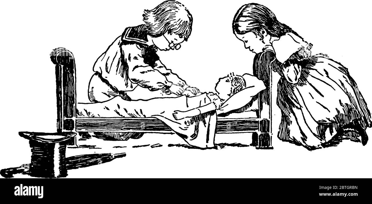 Zwei kleine Kinder spielen mit ihrer Puppe. Aus denen der Junge als Arzt verkleidet ist, die Überprüfung der körperlichen Zustand der Puppe, auf das Bett gelegt Stock Vektor