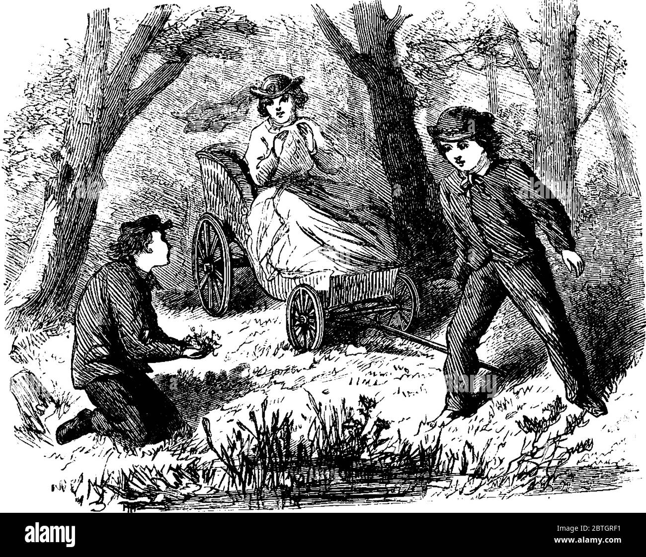 Ein Mädchen sitzt in einem Human Power Carriage und einer der Mann sammelt Blume für das Mädchen., Vintage-Linie Zeichnung oder Gravur Illustration. Stock Vektor