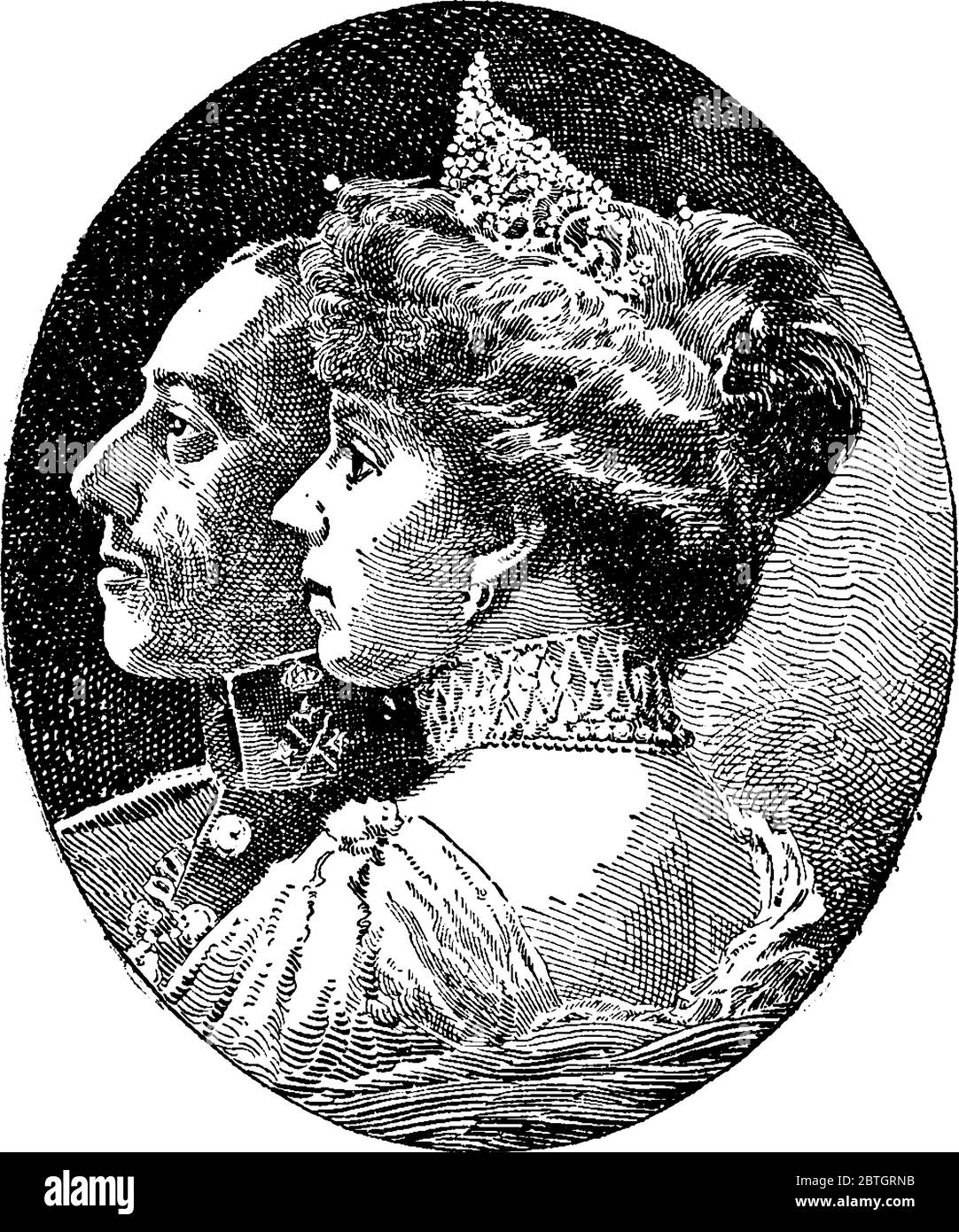 Porträt des Königs und der Königin von Spanien im 19. Jahrhundert, Vintage-Strichzeichnung oder Gravur Illustration. Stock Vektor