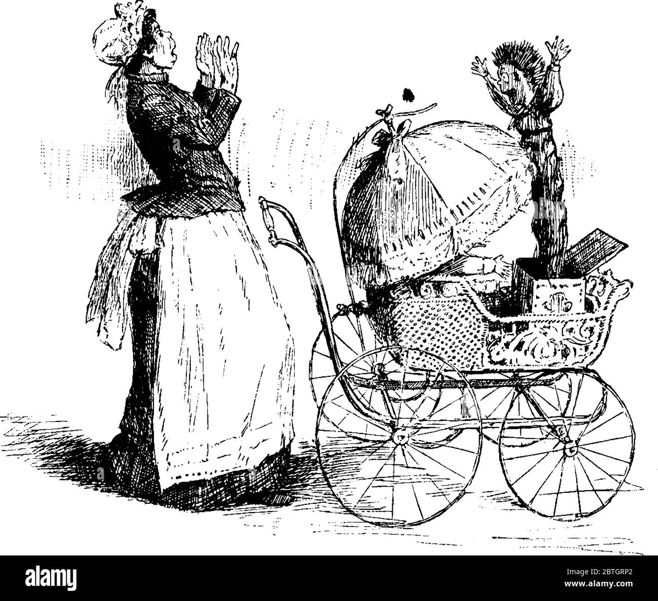Eine typische Darstellung eines Kindermädchens, das mit einem Baby im Kinderwagen die Straßen entlang geht und Angst vor dem Jack bekommt, der aus der Box kommt, Vintag Stock Vektor