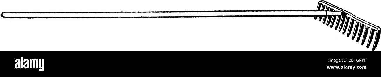 Kamm wie Werkzeug mit einem sehr langen Griff verwendet, um Gras, Blätter zu sammeln, im Garten, Vintage-Strichzeichnung oder Gravur Illustration. Stock Vektor