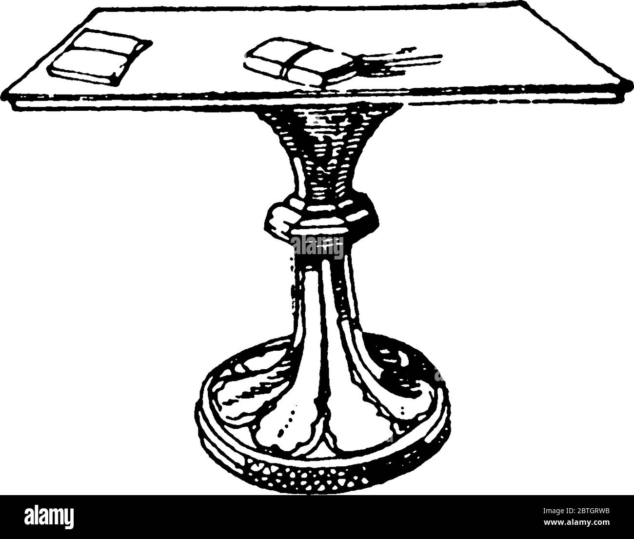 Ein Tischbein dient als Stütze, die entweder am Boden befestigt wurde oder das untere Ende ist ausgebreitet, so dass der Tisch fest stehen kann, Vin Stock Vektor