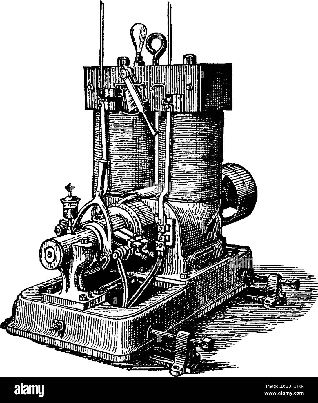 Thomas Edison ursprüngliche Konzept der elektrischen Maschine, ein Stromgenerator an Häuser, Unternehmen und Fabriken verteilt, Vintage-Linie drawi Stock Vektor