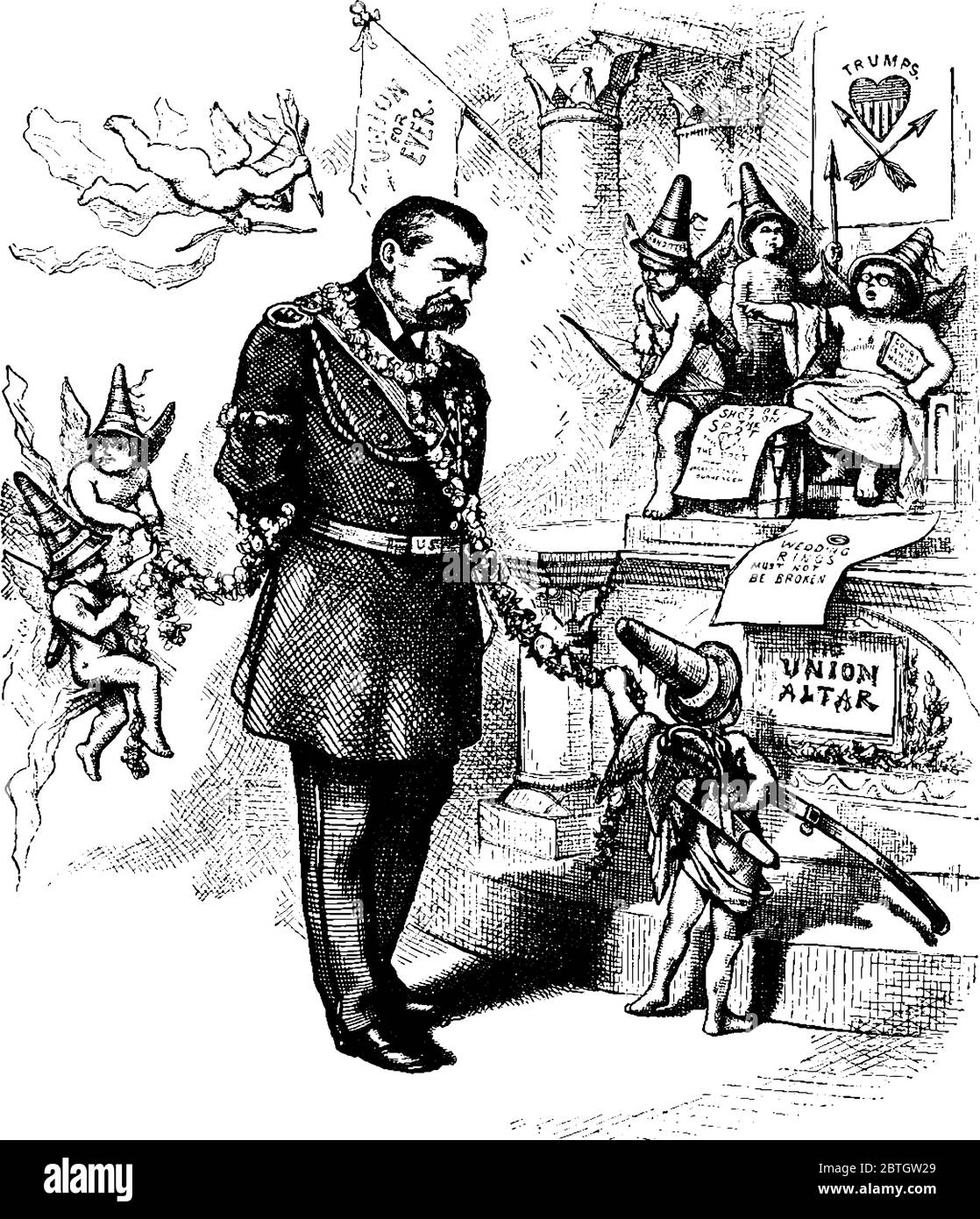Nast's Karikatur, die General Phil Sheridan's zeigt, war er ein Union General im amerikanischen Bürgerkrieg., Vintage-Linie Zeichnung oder Gravur Illustration. Stock Vektor