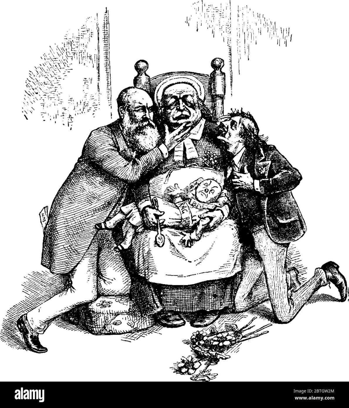 Fat Mann sitzt auf einem Stuhl Rag Baby und Löffel halten, zwei Männer knien neben dem dicken Mann, Vintage-Linie Zeichnung oder Gravur Illustration. Stock Vektor