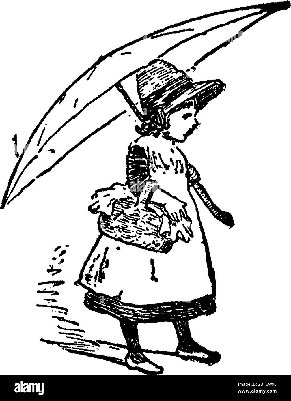 Eine typische Darstellung eines kleinen Mädchens, das einen Hut trägt und auf den Markt geht, einen Obstkorb in der einen Hand und einen Regenschirm in der anderen Hand hält, vint Stock Vektor
