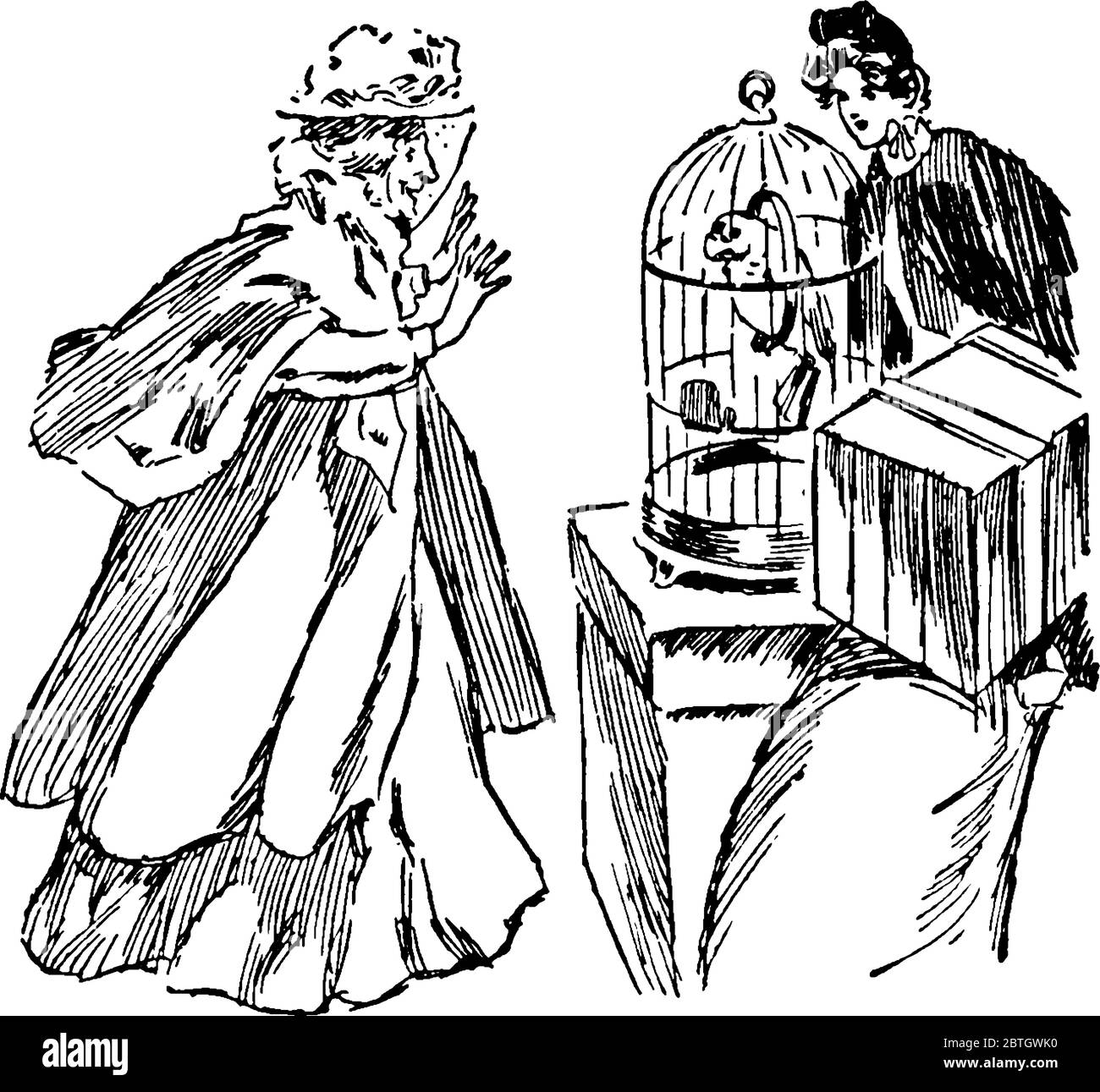 Das Bild zeigt eine Dame, die so aufgeregt ist, wenn sie einen Vogel wie einen Papagei in einem Vogelkäfig sieht, der auf einem Tisch gehalten wird, eine Vintage-Strichzeichnung oder eine Gravurdarstellung Stock Vektor