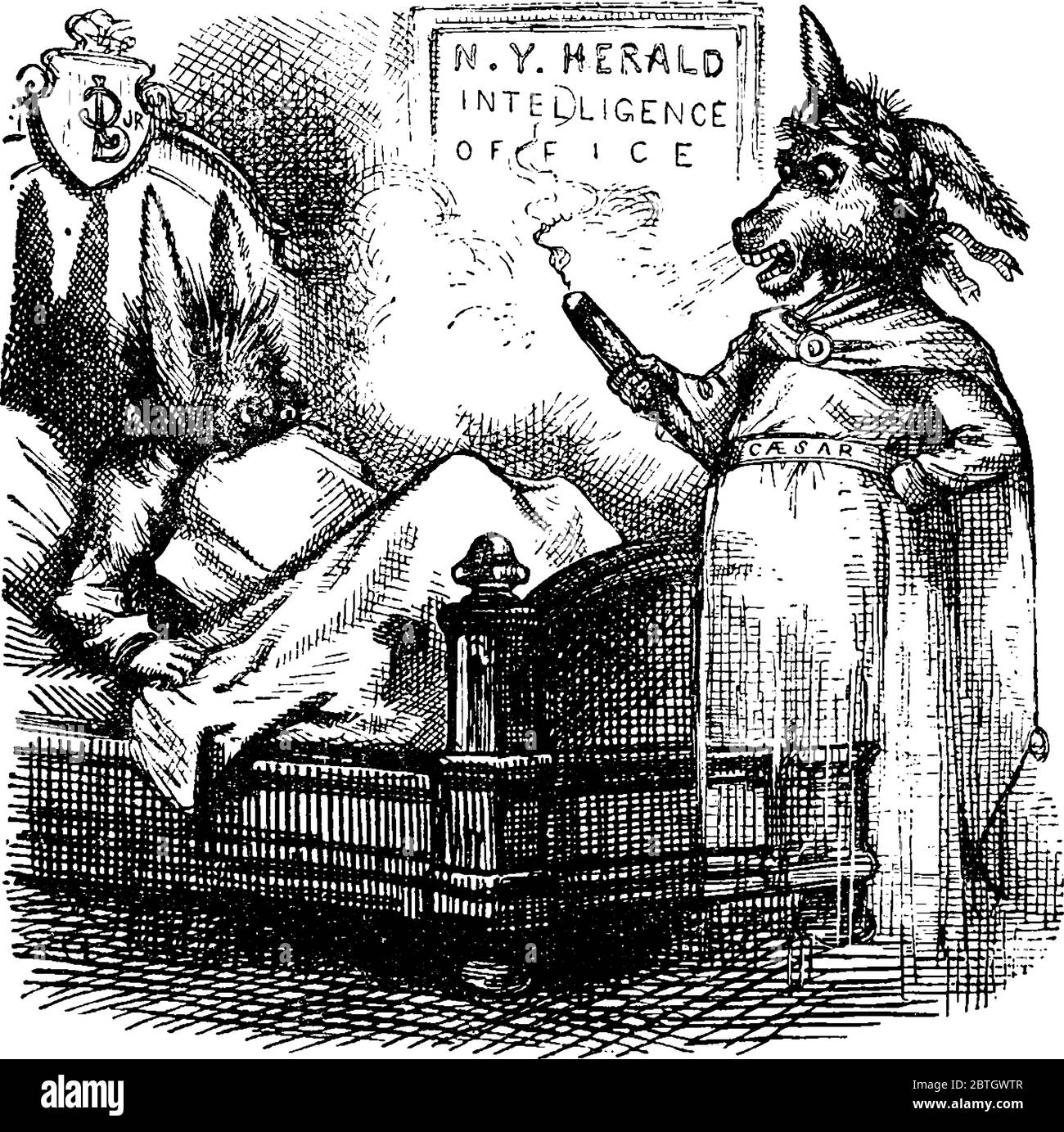 Nasts Cartoon Eselkopf menschlicher Körper, der Grant's Caesarismus (stehend) darstellt, erscheint Bennett (liegend in einem Bett), Vintage-Strichzeichnung oder Gravur il Stock Vektor
