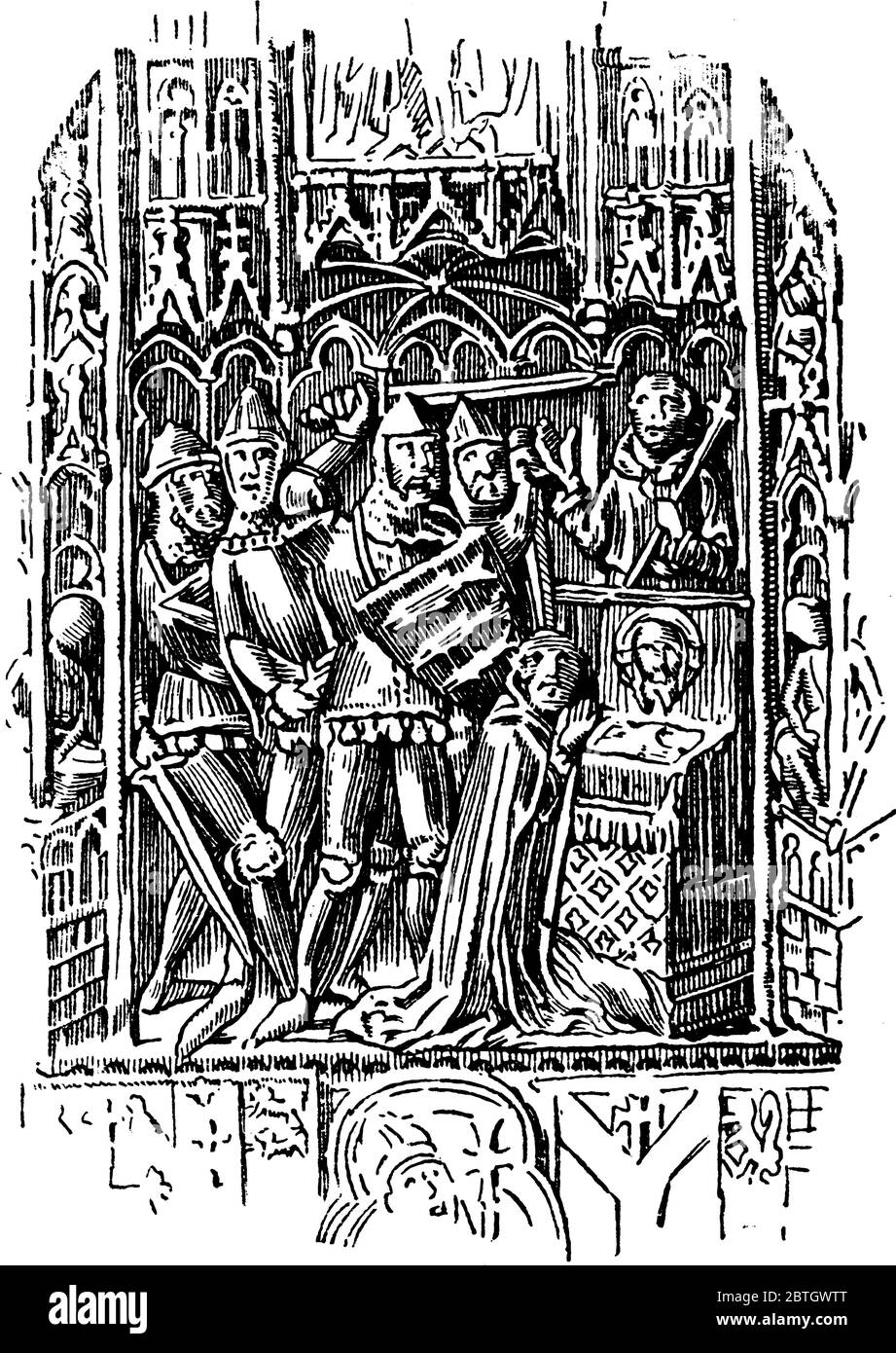 Im Bild gibt es eine Szene des Mordes an Thomas Becket im Jahr 1170, der Erzbischof von Canterbury, Vintage-Linie Zeichnung oder Gravur Illustration war. Stock Vektor