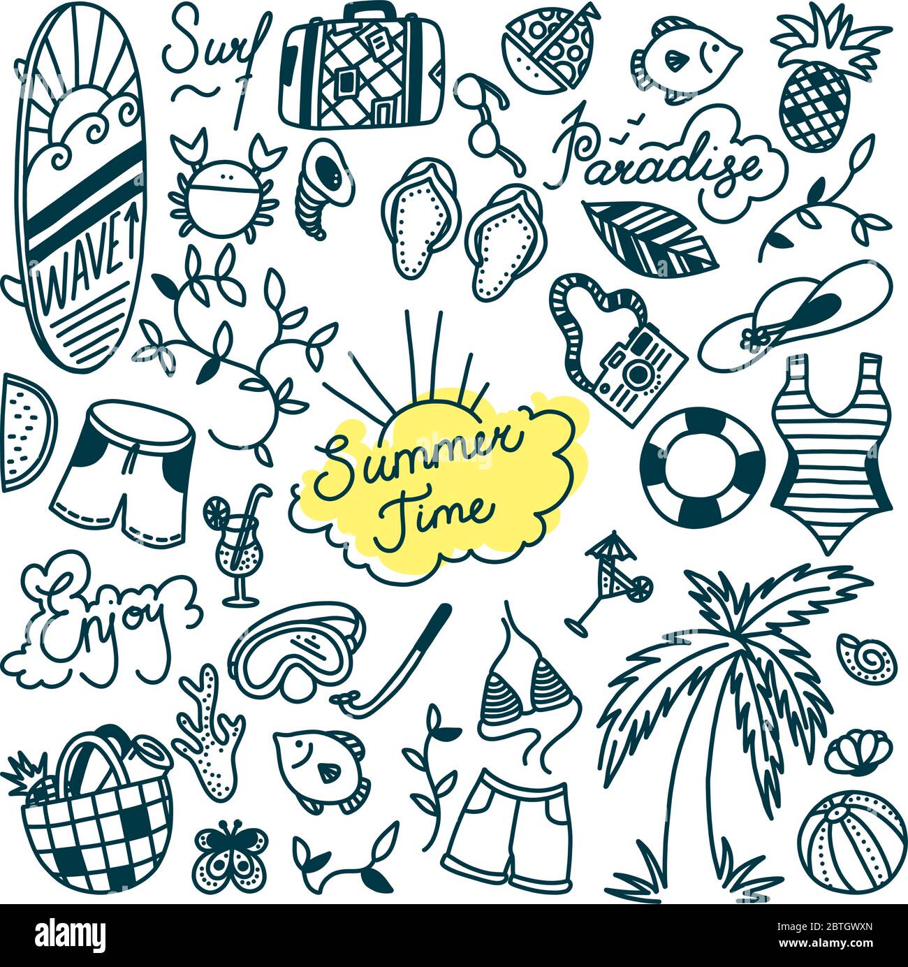 Sommer Doodle Set. Wassersport, Entspannung und tropische Urlaubsobjekte. Vektorgrafik Stock Vektor