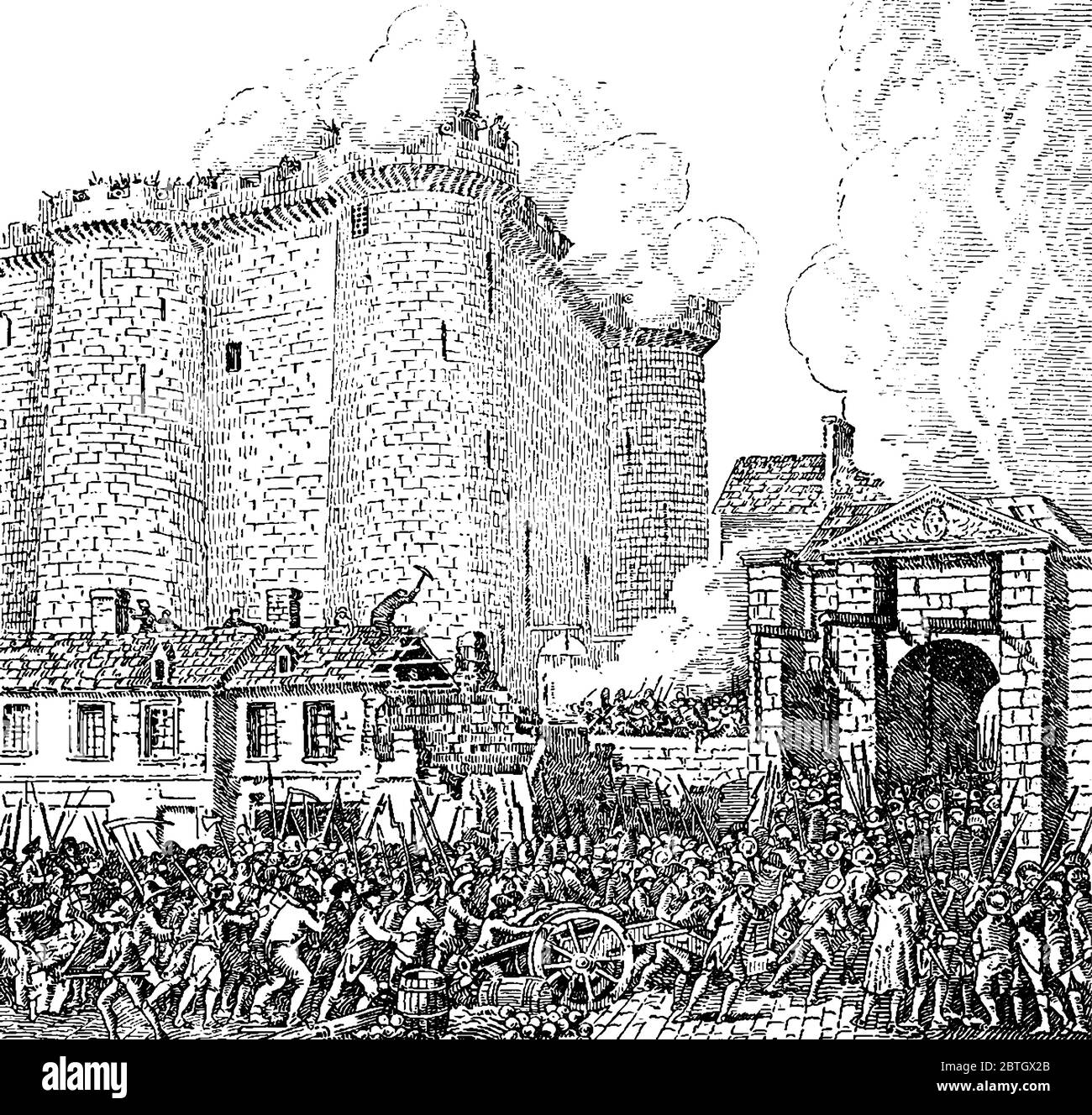 Französische Revolution, wo Gefangene der Bastille wurden freigelassen, Vintage-Linie Zeichnung oder Gravur Illustration. Stock Vektor