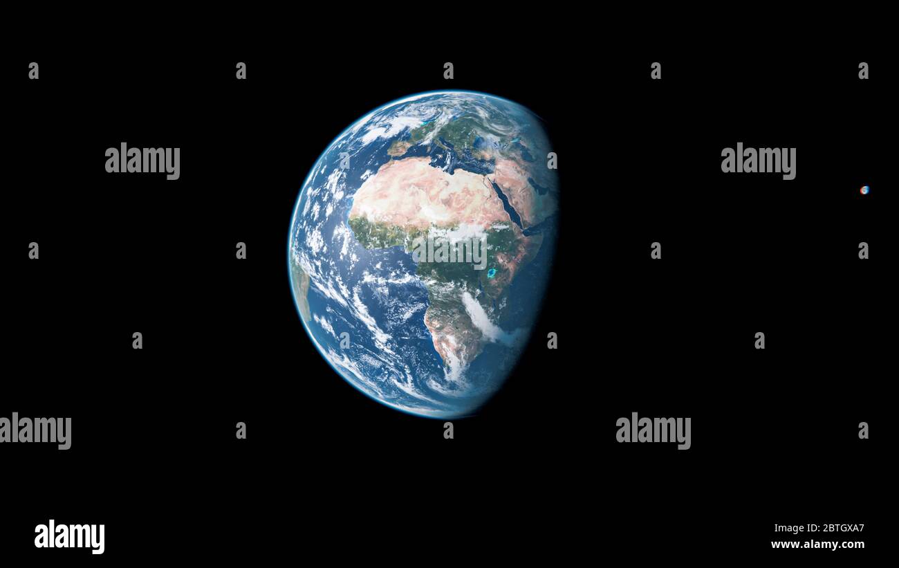 Afrika aus dem All bei Tag - Planet Erde und Mond - der blaue Marmor - 3D Rendering Stockfoto