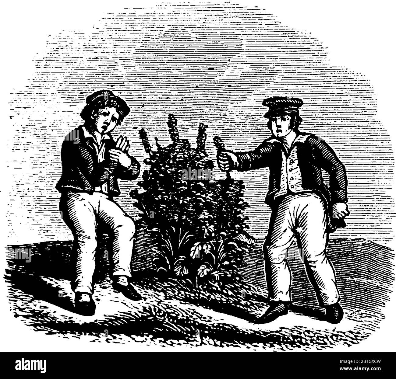 Zwei Jungen stehen und einer von ihnen versucht, einen Dornbaum zu berühren, um seine Tapferkeit, Vintage-Strichzeichnung oder Gravur-Illustration zu zeigen. Stock Vektor